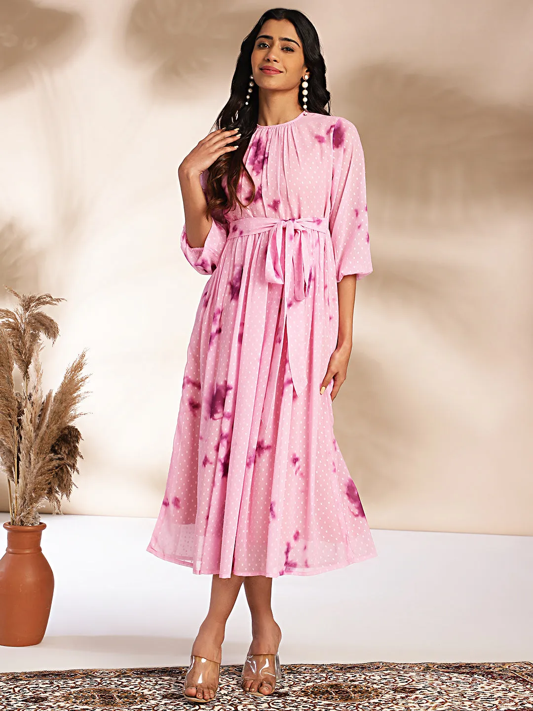 Pink Dobby Georgette Tie-Dye Fit & Flare Dress