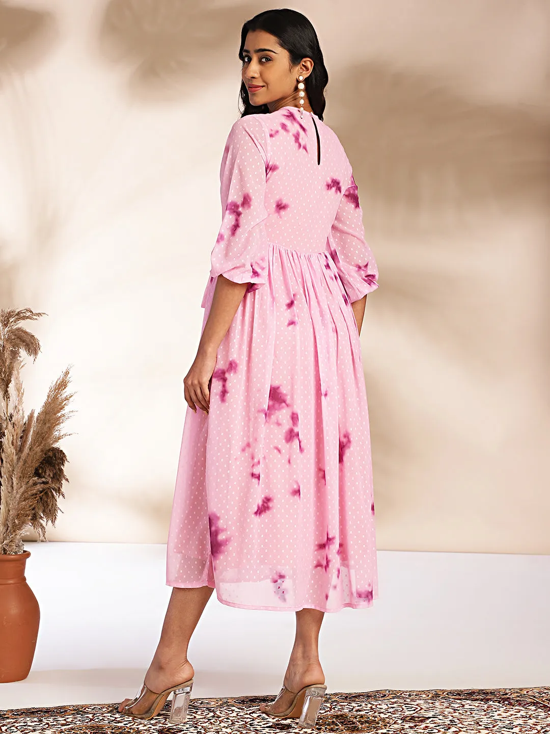 Pink Dobby Georgette Tie-Dye Fit & Flare Dress