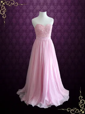 Pink Strapless Lace Chiffon Long Formal Bridesmaid Dress