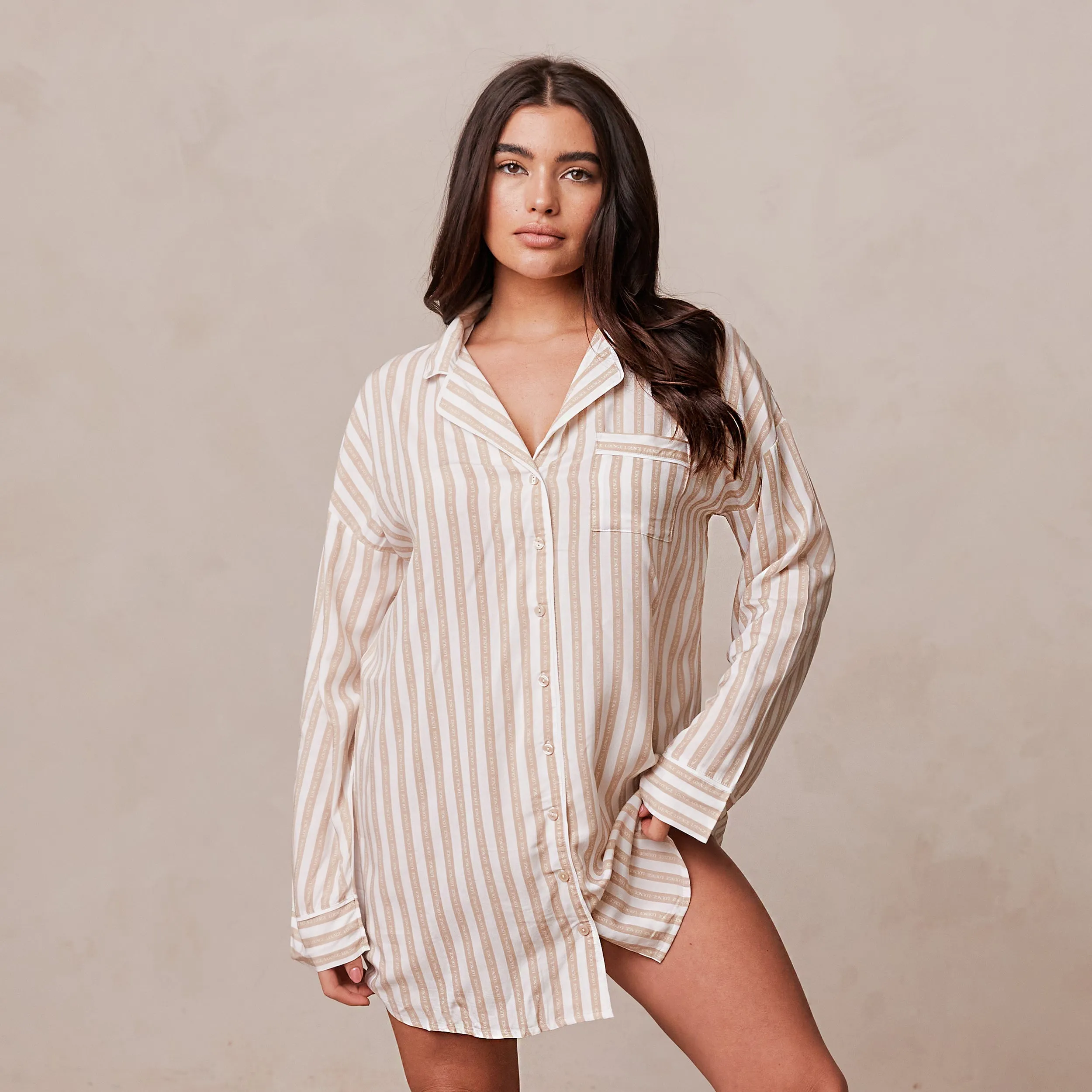 Pinstripe Oversized Pyjama Shirt - Mink