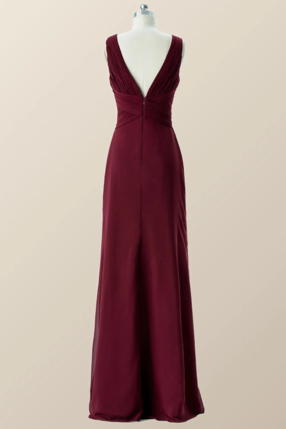 Pleated Burgundy Chiffon Long Bridesmaid Dress