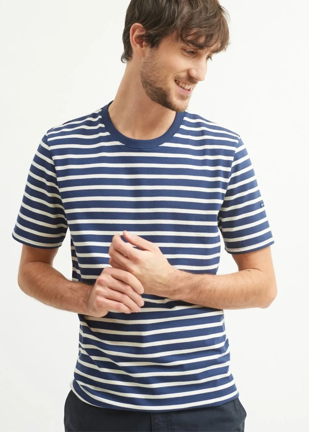 PLOUIDER - Breton T-Shirt for Men | Crew Neck | 100% Cotton (NAVY / ECRU)