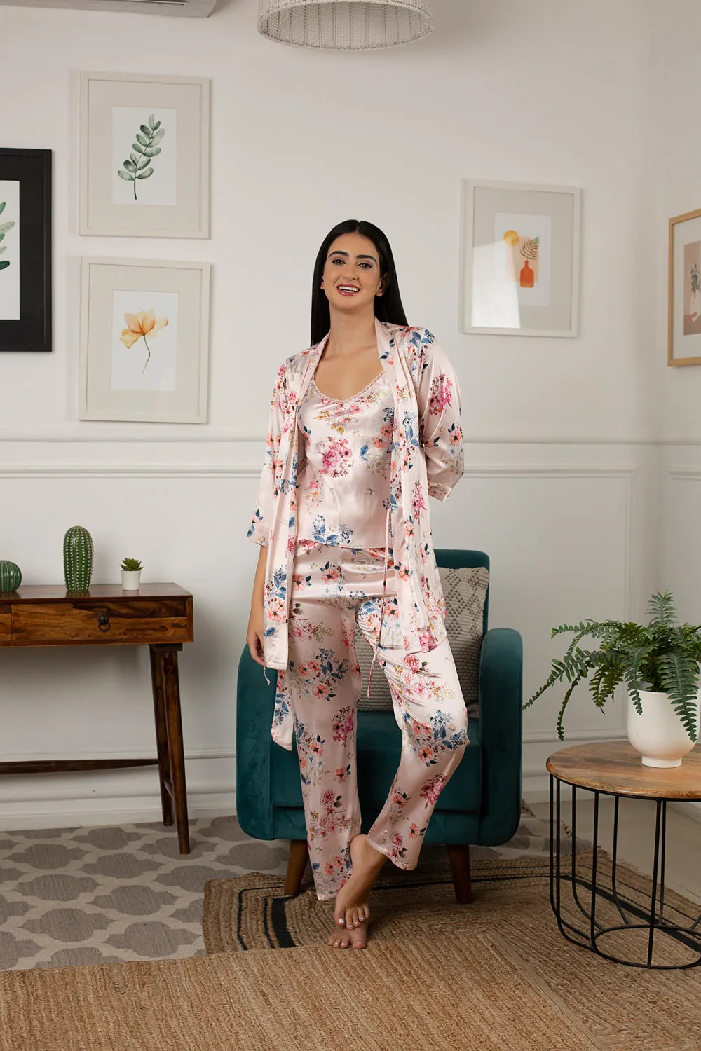 Printed Satin PJ set with robe