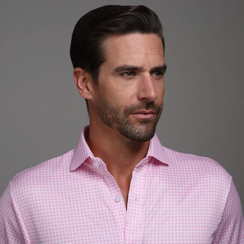 Quattro Flex Dress Shirt with Semi-Spread Collar Pink Gingham