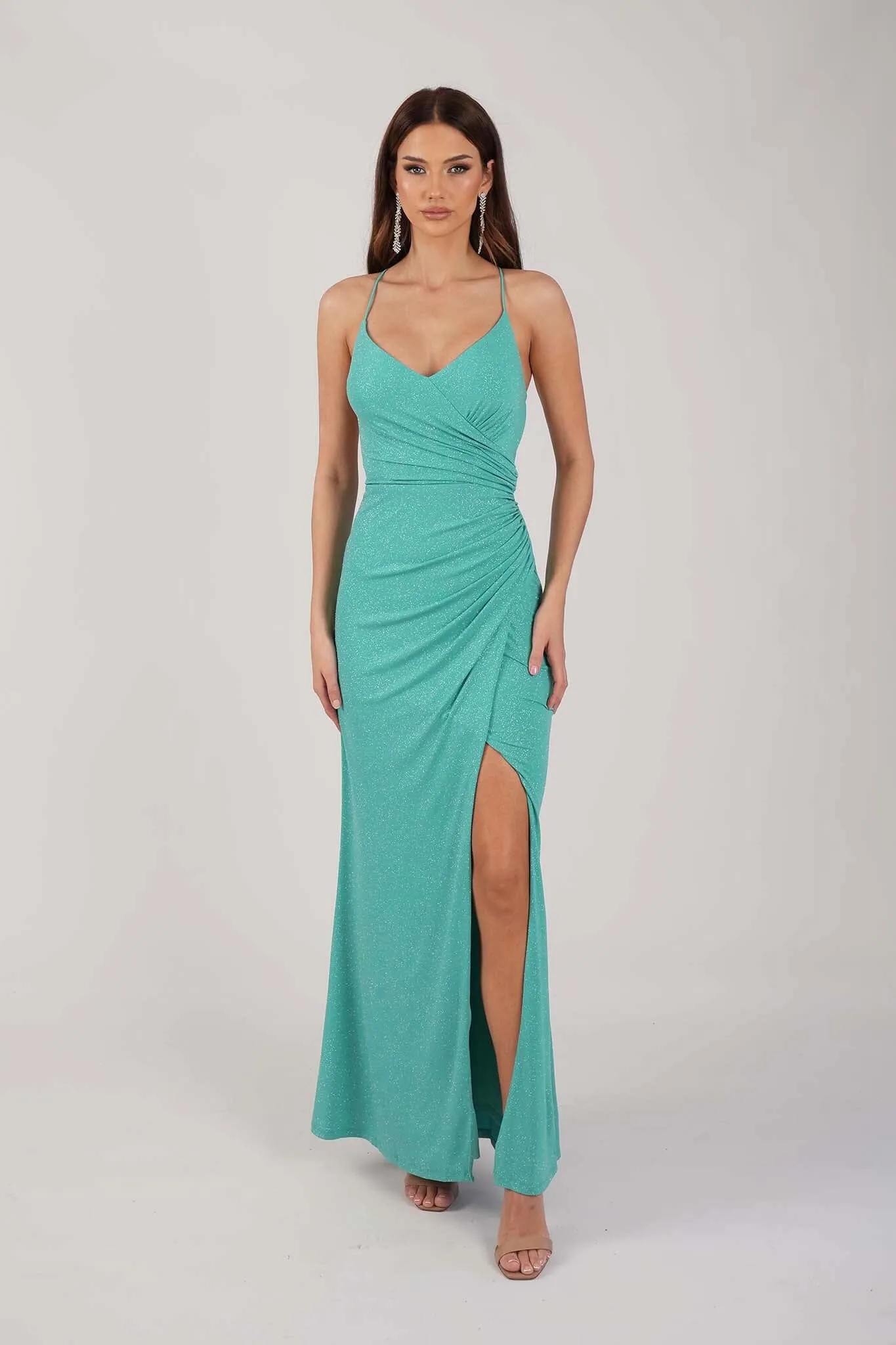 Raya Lace Up Shimmer Gown - Mint