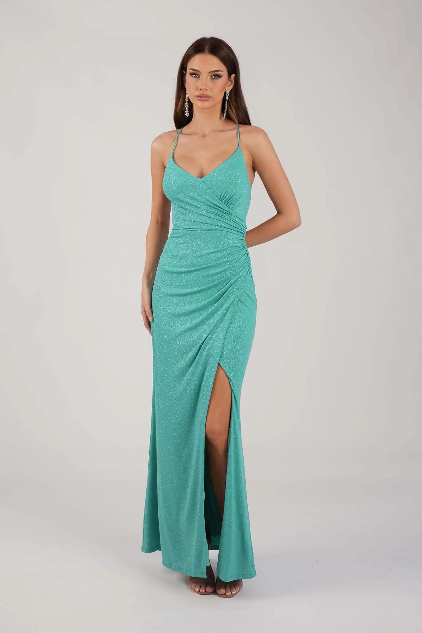 Raya Lace Up Shimmer Gown - Mint