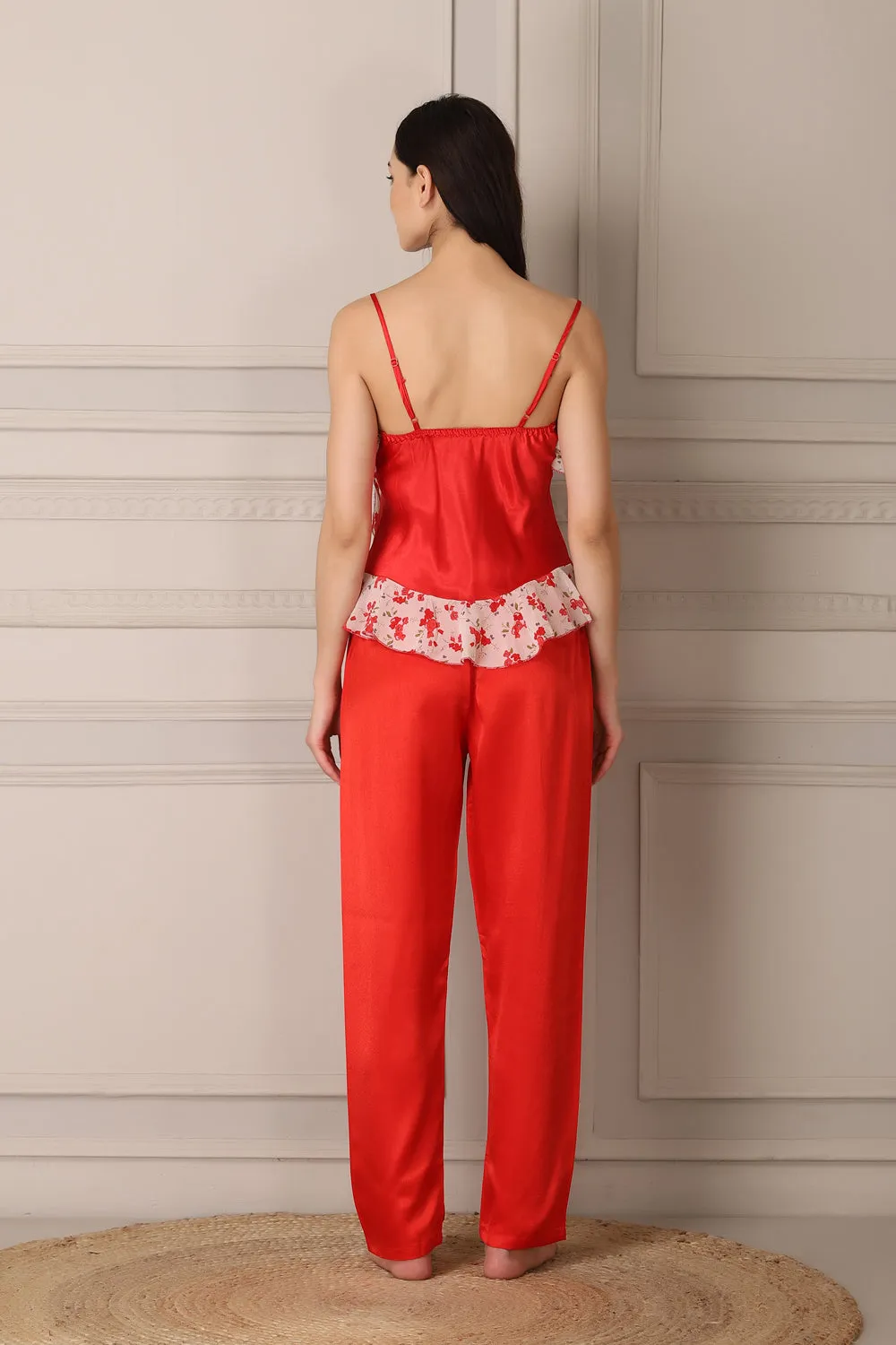 Red Satin Night suit with Printed Robe