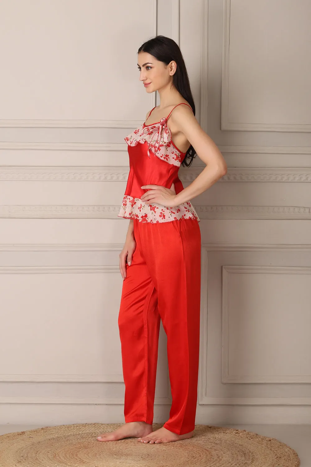 Red Satin Night suit with Printed Robe