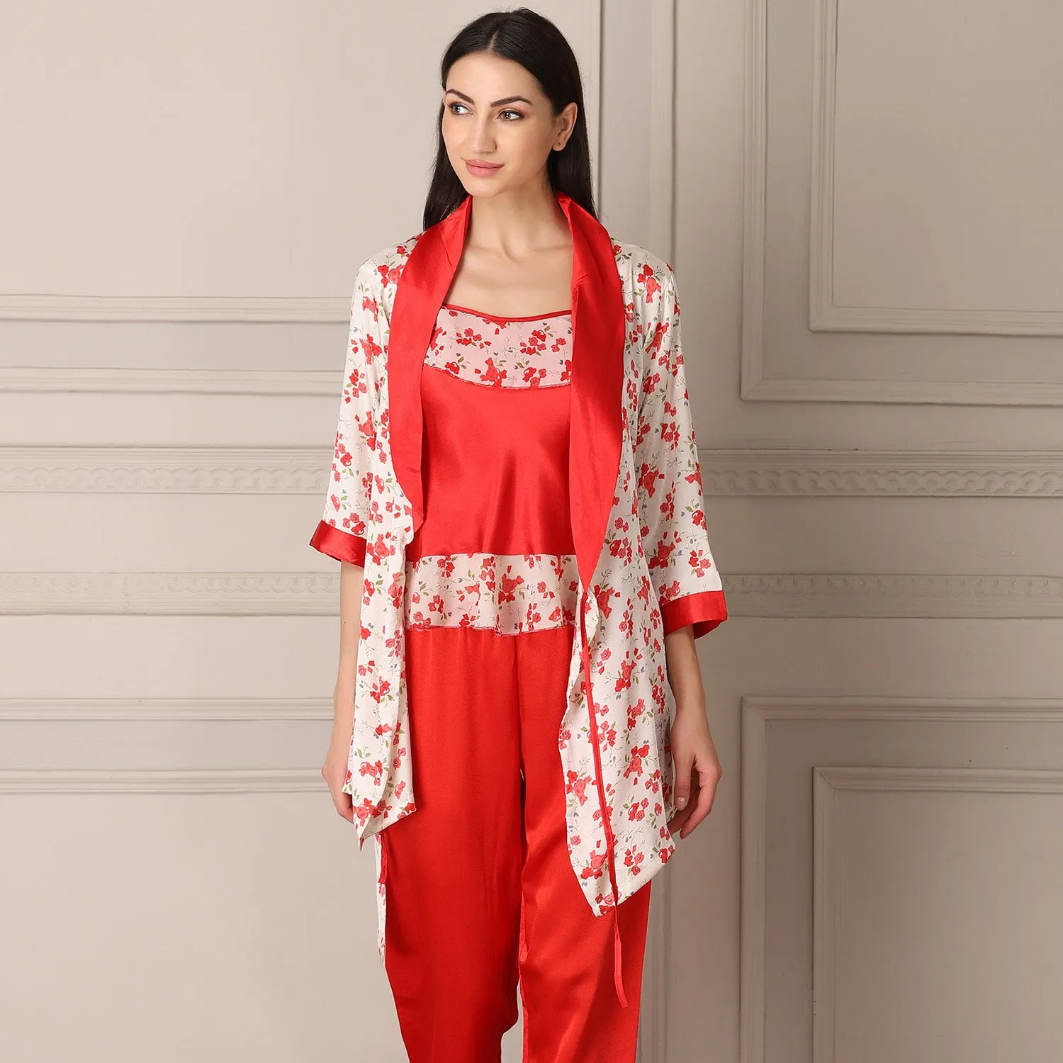 Red Satin Night suit with Printed Robe