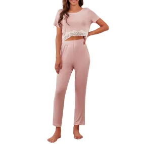 RH Lounge Set Womens Crop Lace Top Pants Pullover Sleep Cotton Pajama RHW4022