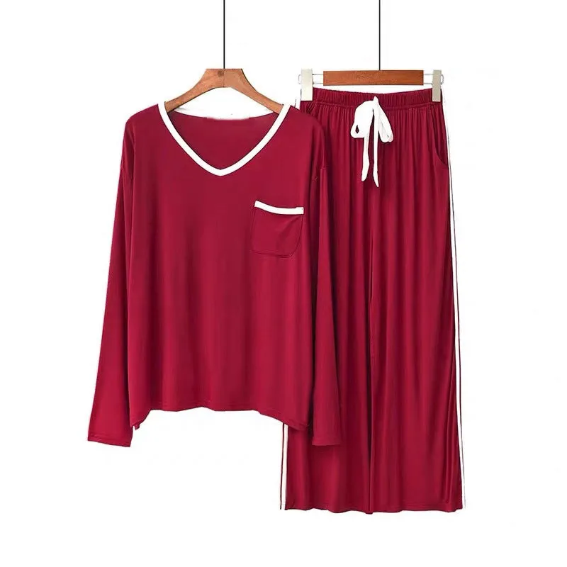 RH Pajamas Set Women Long Sleeve Pocket V-Neck Sleepwear Soft Pajama Set RHW4017