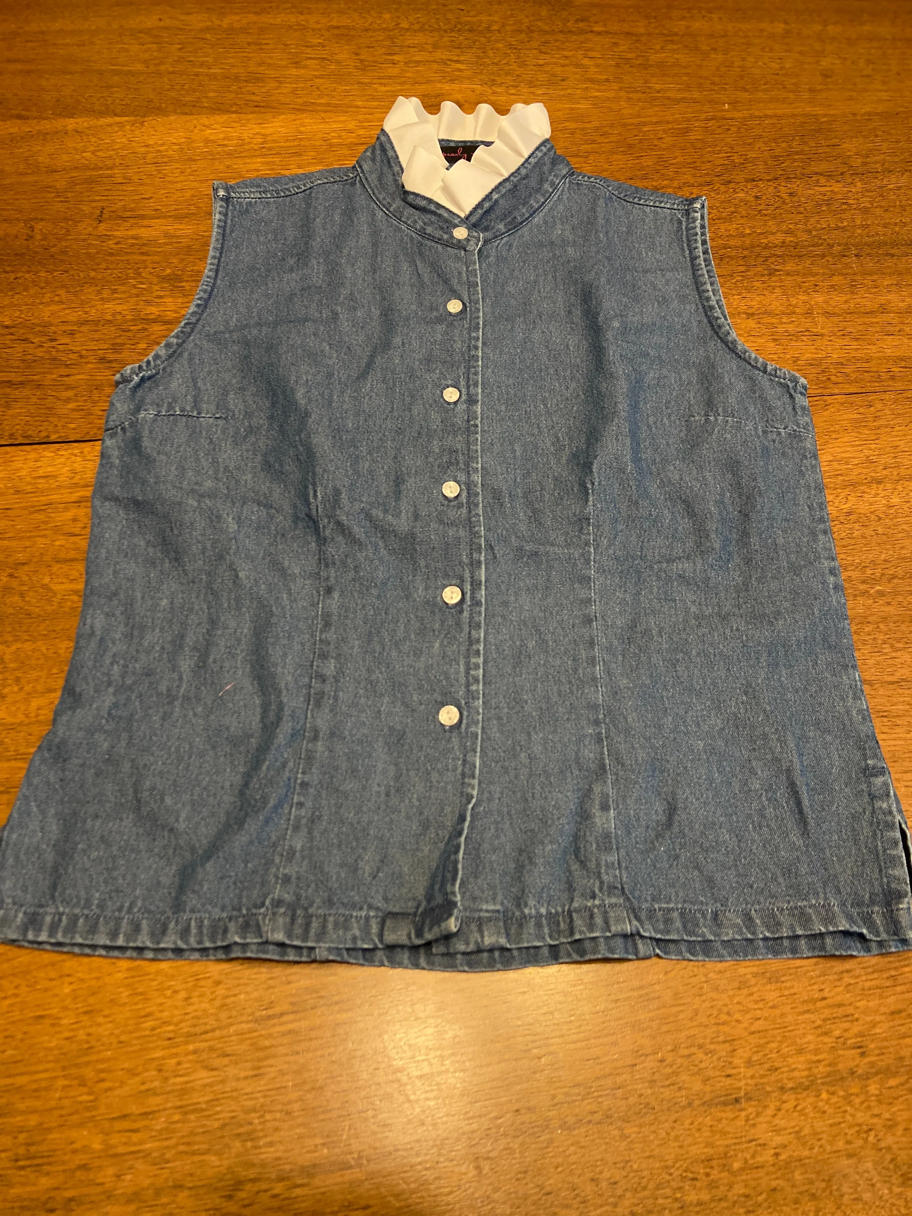 SALE - XS & S ONLY - Sleeveless Denim Shirt w Ruffle Collar *FINAL SALE*