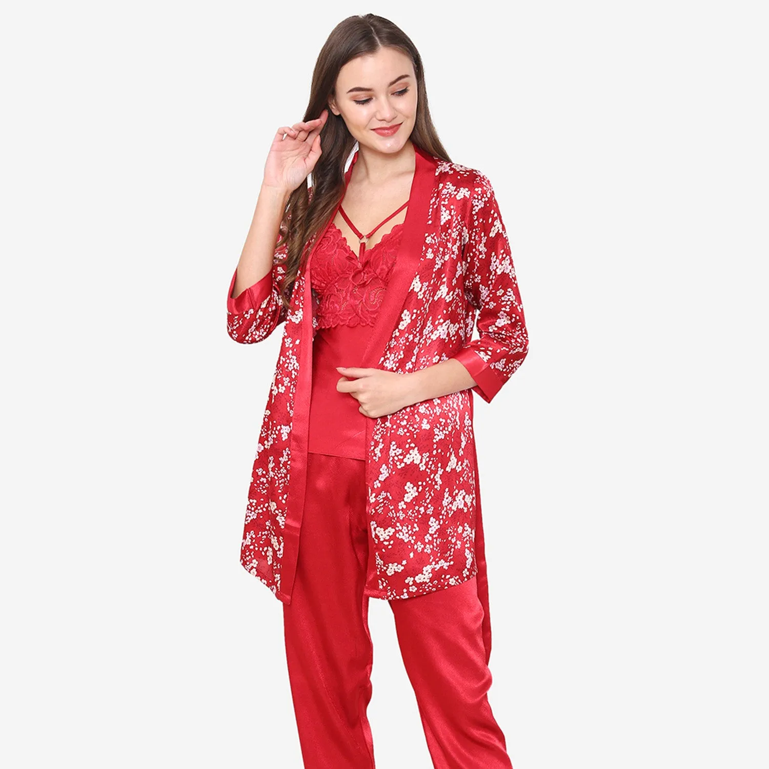 Satin Night suit with Floral Robe