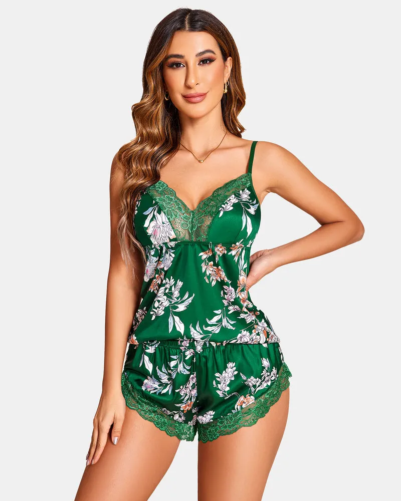 Satin Pajamas Set Lace Cami Shorts Set