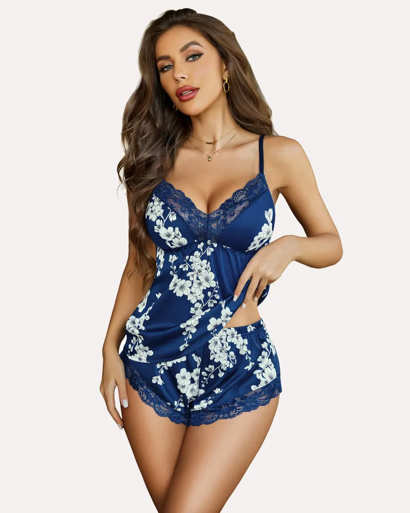 Satin Pajamas Set Lace Cami Shorts Set