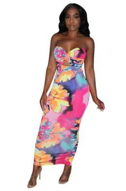 Sexy Wrapped Chest Fashion Print Long Skirt Evening Dress