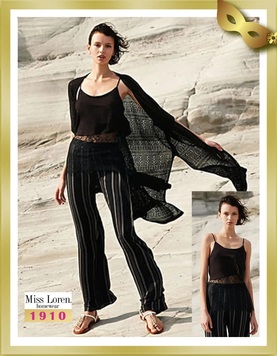 Sleeveless Top with Lace and Striped Long Pants with Robe Set (3 Pcs) 1910