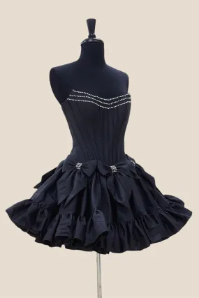 Strapless Black Ruffle Short Dress with Bow