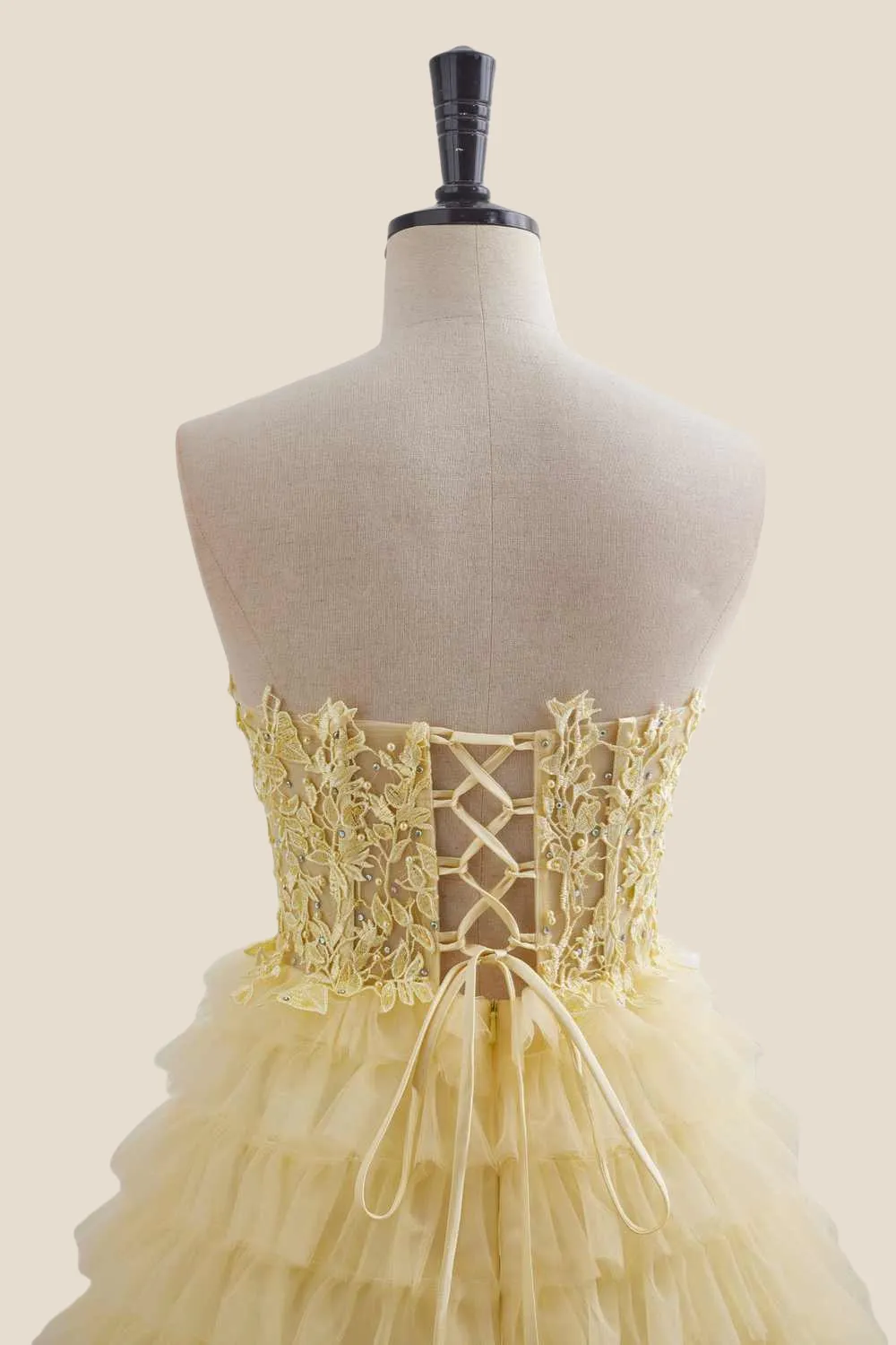 Strapless Yellow Appliques Tiered Short Dress