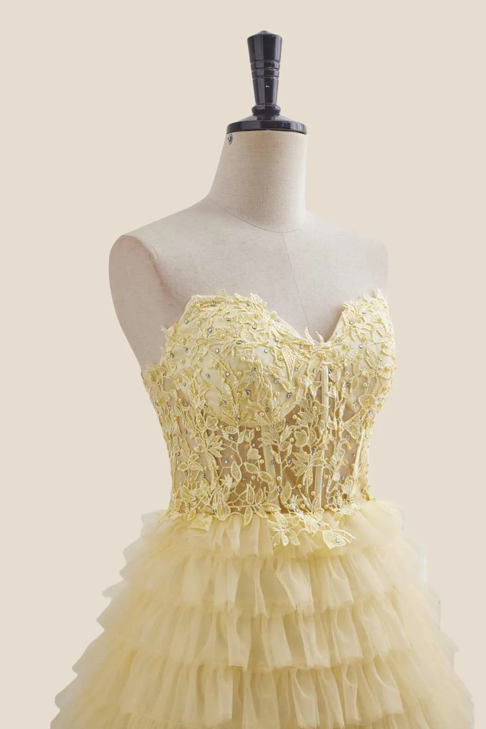 Strapless Yellow Appliques Tiered Short Dress