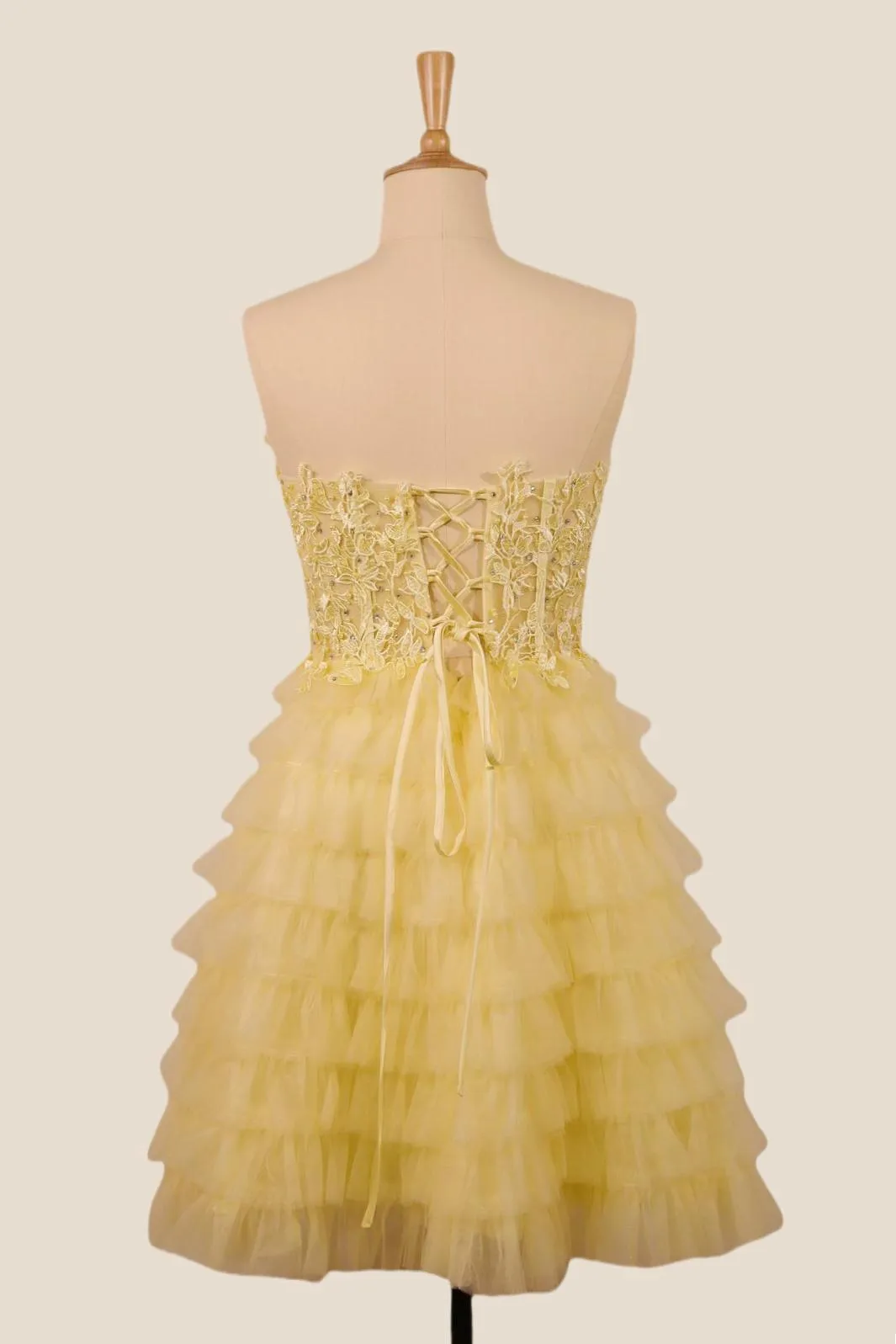 Strapless Yellow Appliques Tiered Short Dress