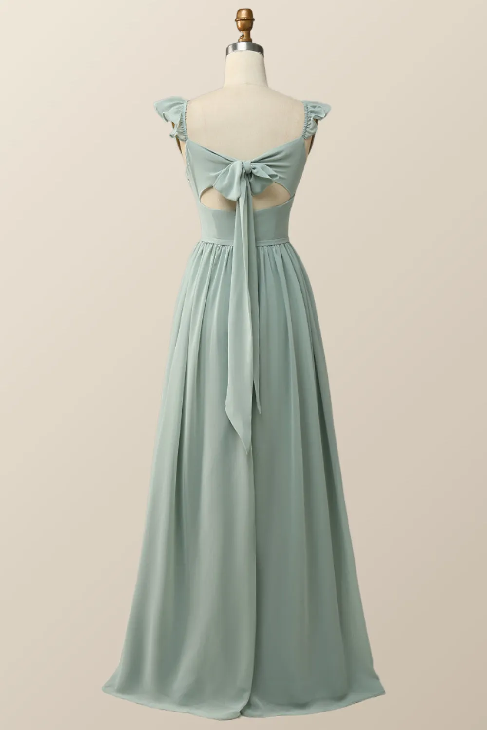 Straps Green Chiffon Long Bridesmaid Dress