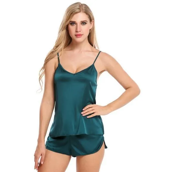 Summer Sleepwear Pyjamas Set Solid Adjustable Strap Cami Top Shorts Satin Loose Female Nightwear