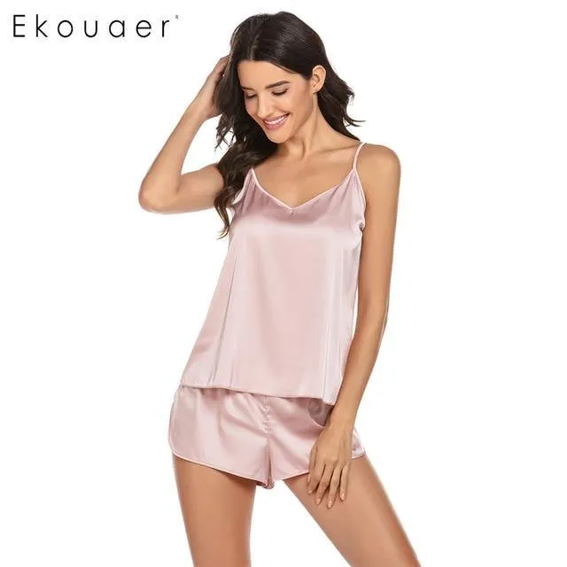 Summer Sleepwear Pyjamas Set Solid Adjustable Strap Cami Top Shorts Satin Loose Female Nightwear