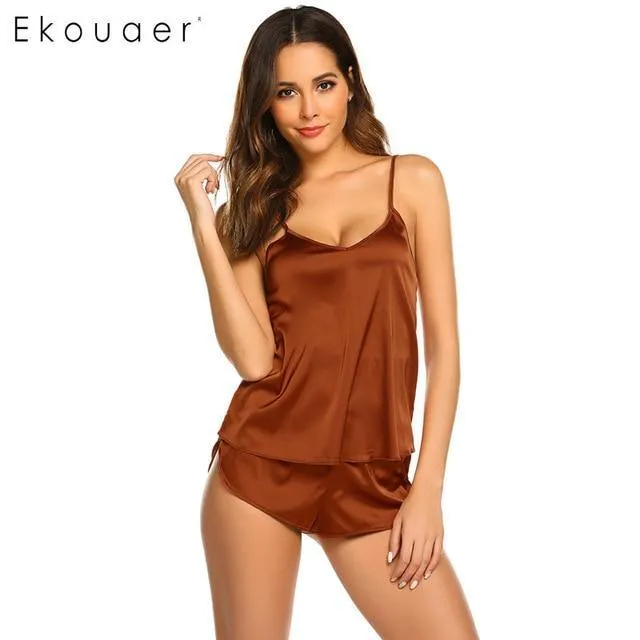 Summer Sleepwear Pyjamas Set Solid Adjustable Strap Cami Top Shorts Satin Loose Female Nightwear