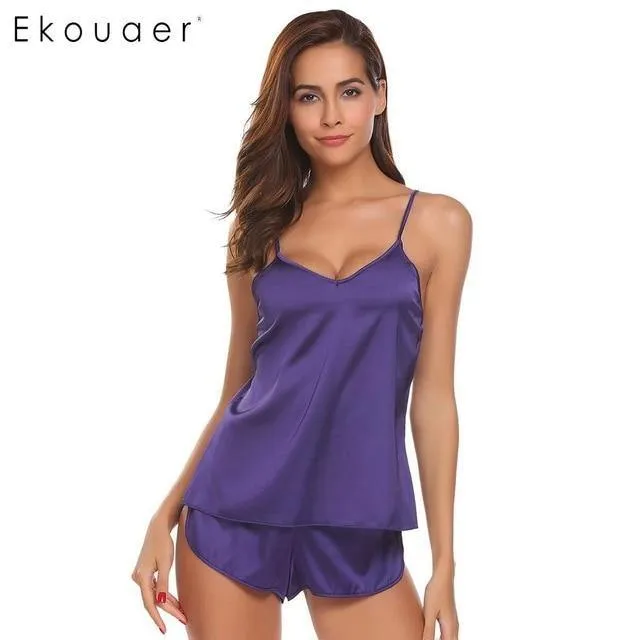 Summer Sleepwear Pyjamas Set Solid Adjustable Strap Cami Top Shorts Satin Loose Female Nightwear