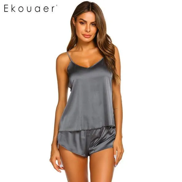 Summer Sleepwear Pyjamas Set Solid Adjustable Strap Cami Top Shorts Satin Loose Female Nightwear