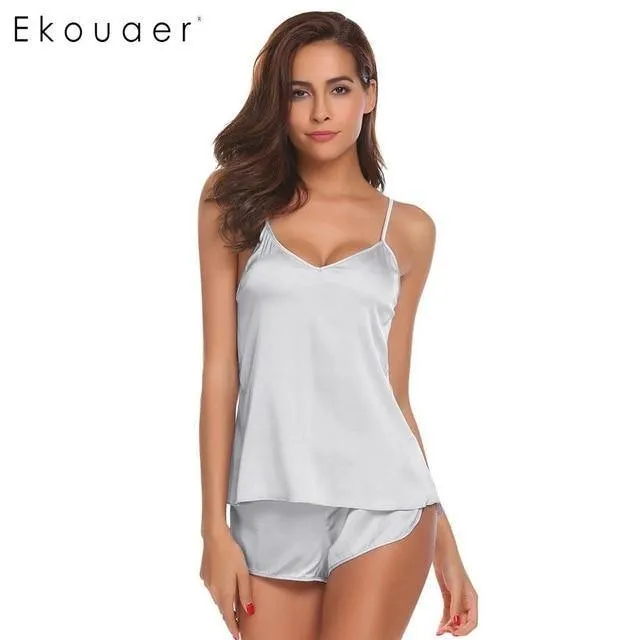 Summer Sleepwear Pyjamas Set Solid Adjustable Strap Cami Top Shorts Satin Loose Female Nightwear