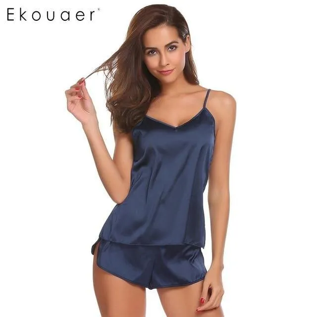 Summer Sleepwear Pyjamas Set Solid Adjustable Strap Cami Top Shorts Satin Loose Female Nightwear