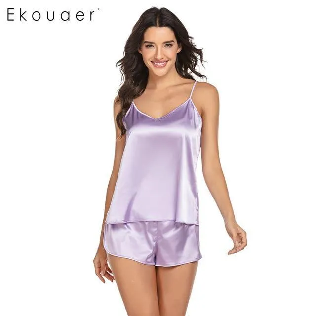 Summer Sleepwear Pyjamas Set Solid Adjustable Strap Cami Top Shorts Satin Loose Female Nightwear