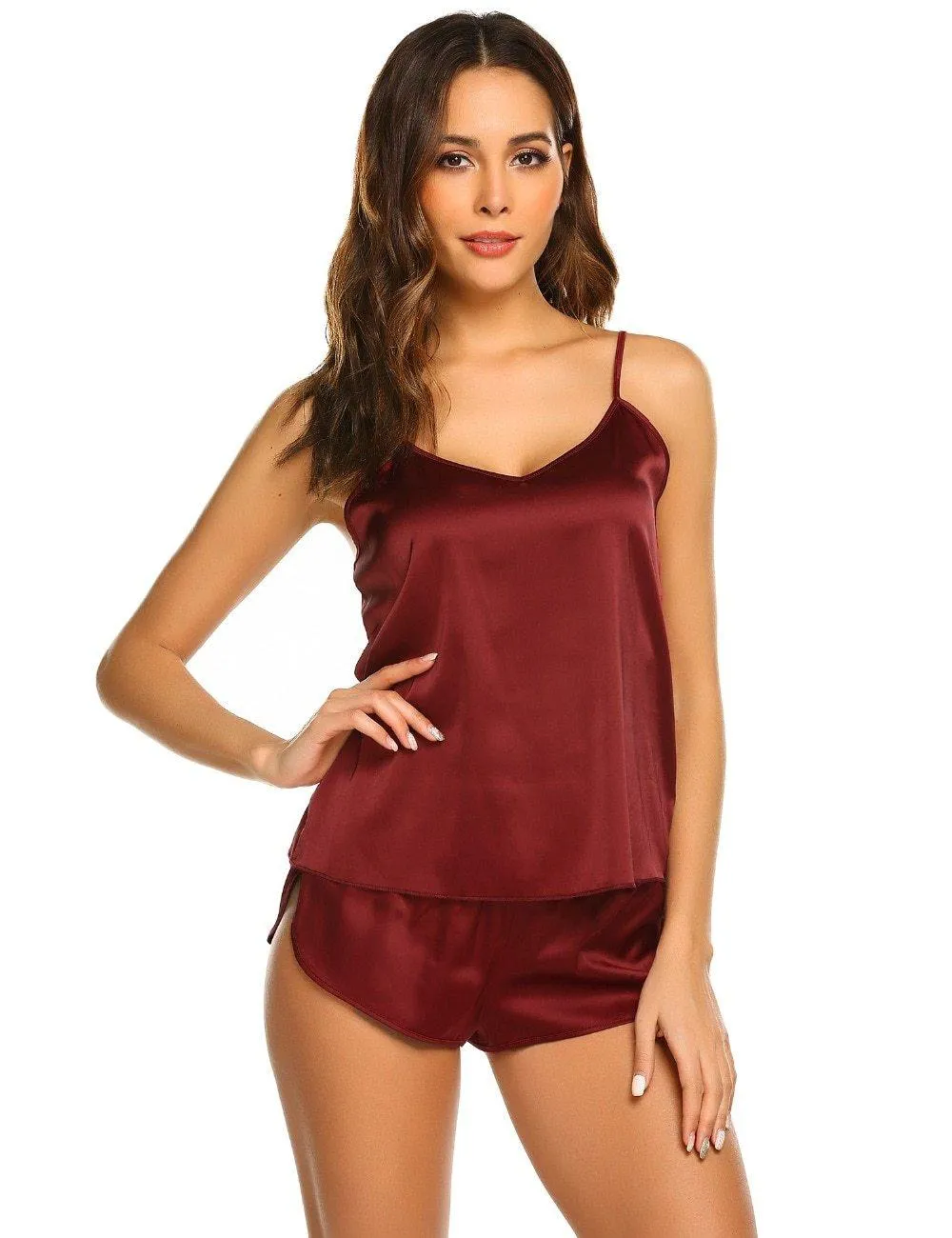 Summer Sleepwear Pyjamas Set Solid Adjustable Strap Cami Top Shorts Satin Loose Female Nightwear