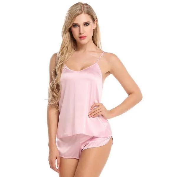 Summer Sleepwear Pyjamas Set Solid Adjustable Strap Cami Top Shorts Satin Loose Female Nightwear