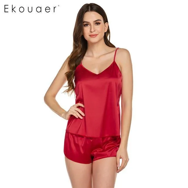 Summer Sleepwear Pyjamas Set Solid Adjustable Strap Cami Top Shorts Satin Loose Female Nightwear