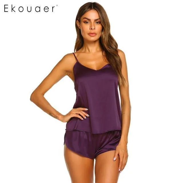 Summer Sleepwear Pyjamas Set Solid Adjustable Strap Cami Top Shorts Satin Loose Female Nightwear