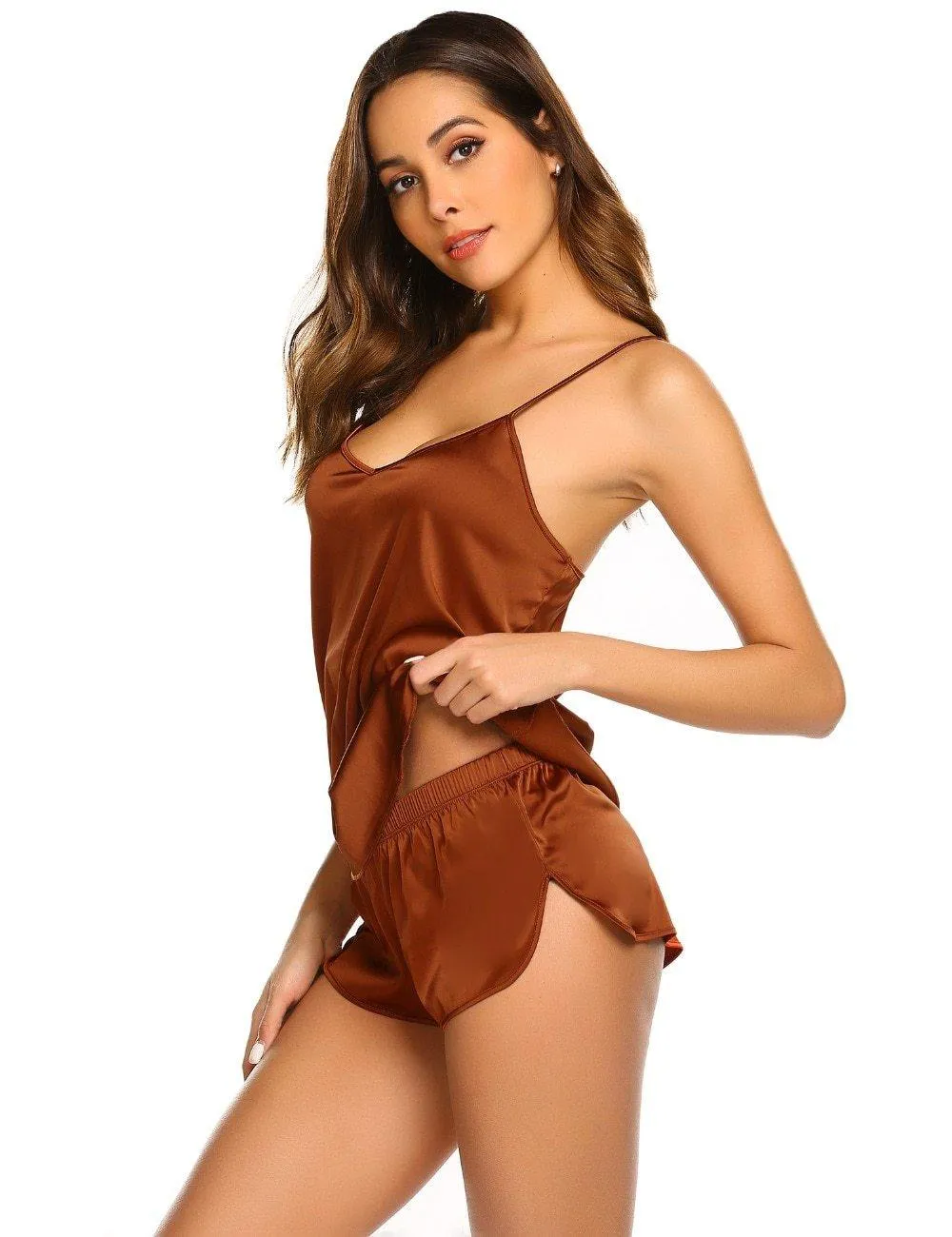 Summer Sleepwear Pyjamas Set Solid Adjustable Strap Cami Top Shorts Satin Loose Female Nightwear