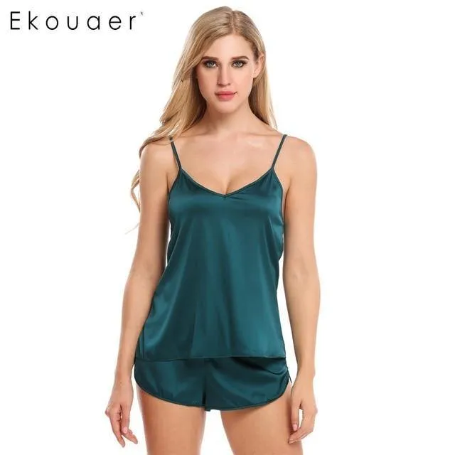 Summer Sleepwear Pyjamas Set Solid Adjustable Strap Cami Top Shorts Satin Loose Female Nightwear