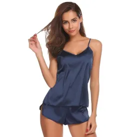 Summer Sleepwear Pyjamas Set Solid Adjustable Strap Cami Top Shorts Satin Loose Female Nightwear