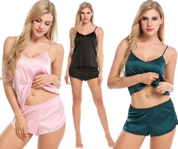 Summer Sleepwear Pyjamas Set Solid Adjustable Strap Cami Top Shorts Satin Loose Female Nightwear