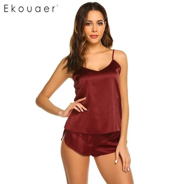 Summer Sleepwear Pyjamas Set Solid Adjustable Strap Cami Top Shorts Satin Loose Female Nightwear