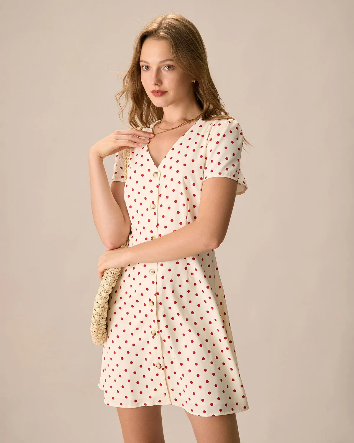 The Beige Polka Dot Button Mini Dress