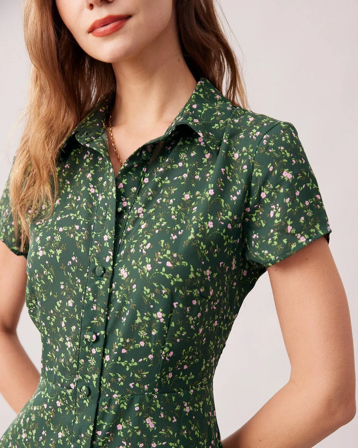 The Green Lapel Button Up Floral Midi Dress