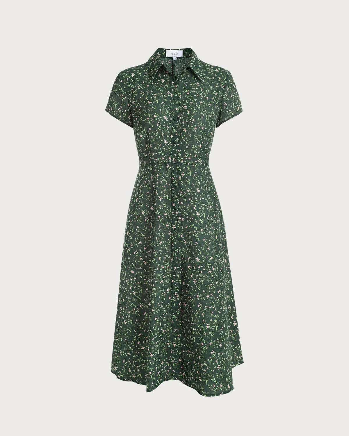 The Green Lapel Button Up Floral Midi Dress