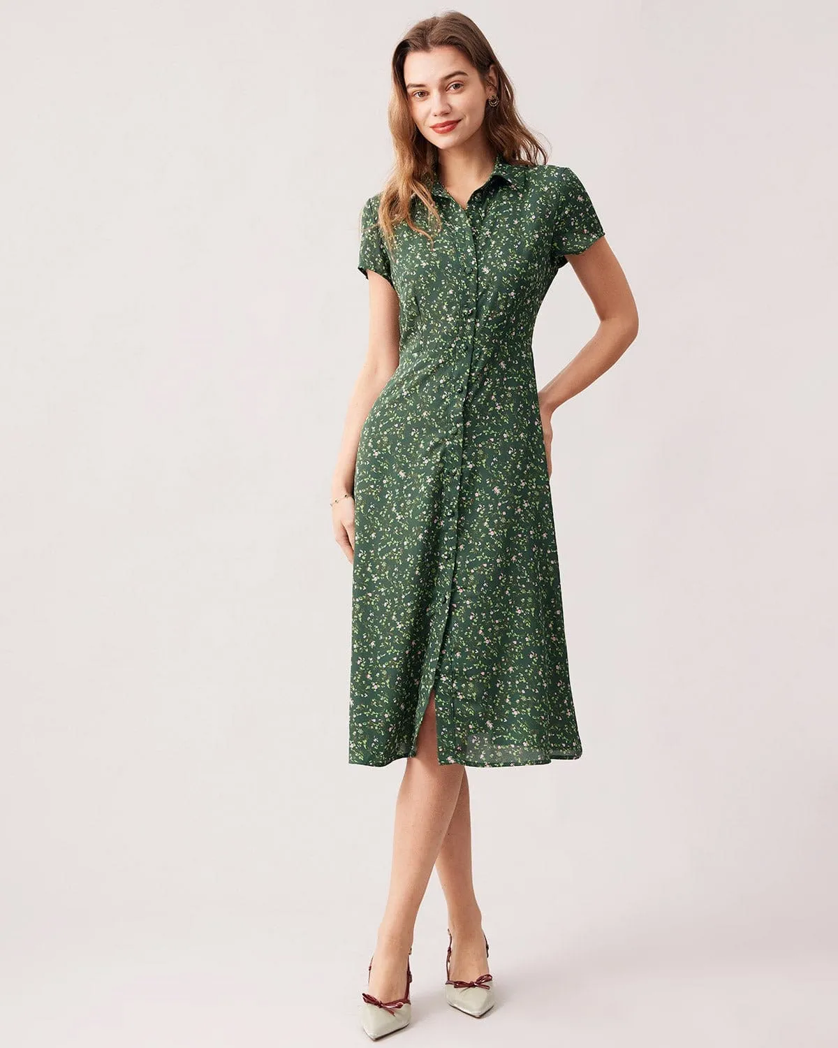 The Green Lapel Button Up Floral Midi Dress