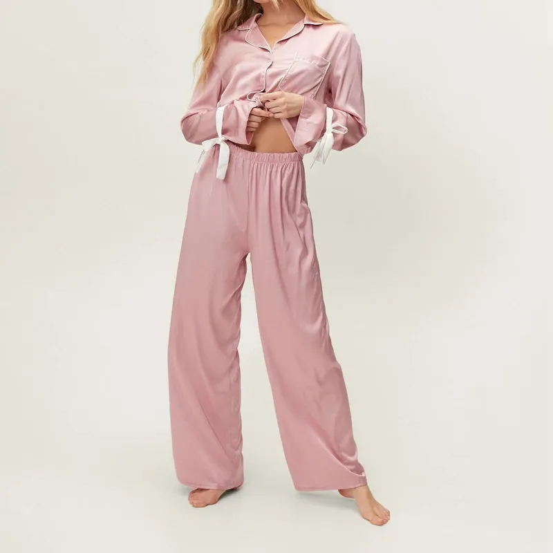 Toleet-Vintage Satin Loungewear Set Bowknot Long Sleeve Lapel Button Blouse Shirt   Elastic Waist Pants 2 Pieces Sleepwear Pajamas