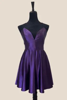 V Neck Purple A-line Short Homecoming Dress