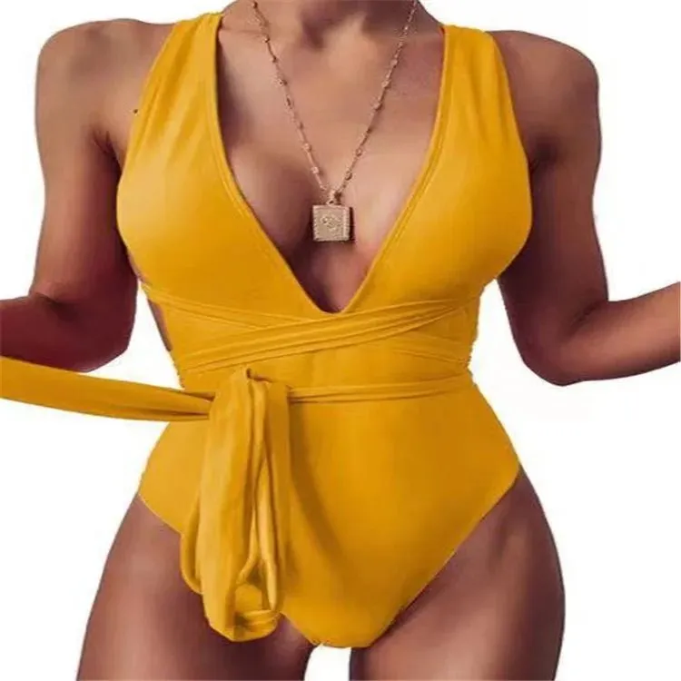 Women Fashion new style Pure color deep v Backless Sexy lace up one-piece swimwear